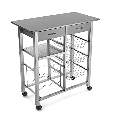 Versa Leicester Carro de cocina con ruedas, cajones y botellero, Verdulero con despensa y organizadores, Almacenaje de cocina, Medidas (Al x L x An) 82 x 40 x 76 cm, Madera y Metal, Color Gris