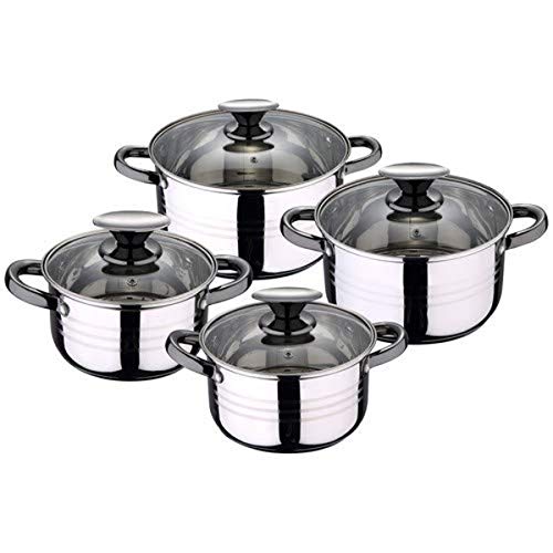 San Ignacio Bateria de cocina 8 piezas-acero inoxidable-tapas de vidrio-apta para inducción-Colección Hita, Ø16 Ø18 Ø20 y Ø24 cms
