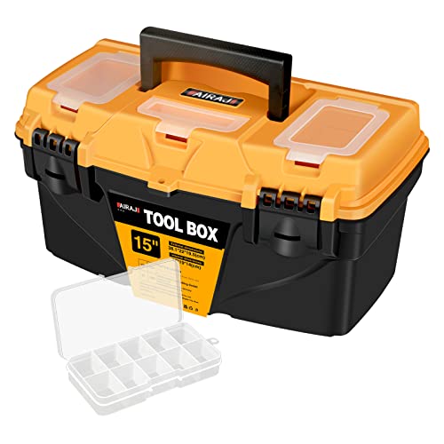 AIRAJ PRO Caja de herramientas con mini organizador, caja de herramientas de plástico de 15 pulgadas, 19.5x38.1x22 cm, con bandeja extraíble, juguetes, decoraciones y papelería