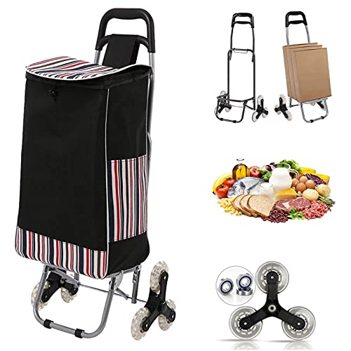 Carro de la Compra con 6 Ruedas, 2 en 1 Carrito Compra Ligero para Subir Escaleras, Carrito de Lavandería con Bolsa Impermeable Desmontable, 45 litros, para Compras, Lavandería, Camping (Negro)