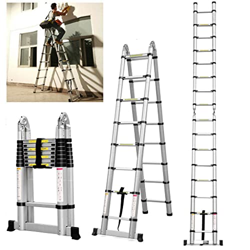 Escalera telescópica extensible de 2,5 m+2,5 m, de aluminio, resistente, plegable, con marco A, con 8 + 8 peldaños, capacidad de carga de 150 kg EN131