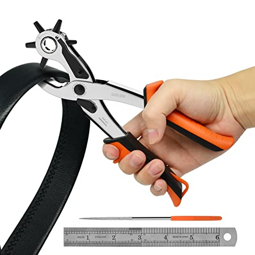 TOWOT Alicate Sacabocados para Cinturones y Cuero - Herramienta de Perforación Giratoria con 6 Tamaños de Agujero - Ideal para Piel, Correas, Tarjetas, Goma y más