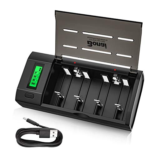 BONAI LCD Pantalla Cargador de Pilas Inteligente para AA/AAA/SC/C/D /9V Ni-MH/Ni-CD, Cargador Pilas Recargables, Universal Cargador Pilas con Función de Descarga (Cargador de batería USB)