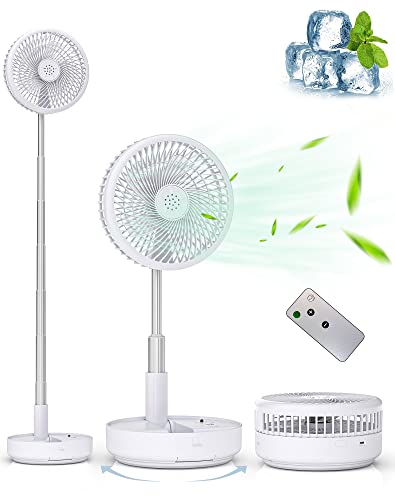 Ventilador de Pie Portátil Auto-rotación con Remoto, Ventilador Sobremesa 7.7inch Ajustable, 7200mAh USB C Ventilador para Viajes Camping, Ventilador Silencioso para Hogar Dormitorio Oficina (Blanco)