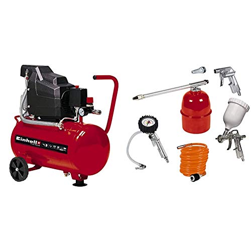 Einhell TC-AC 190/24 - Compresor, depósito de 24 l, 2850 rpm, 8 bar, 1500 W, 220 V, color rojo y negro (ref. 4007325) & Kit de accesorios para compresor de aire, 5 unidades (ref.4132720)