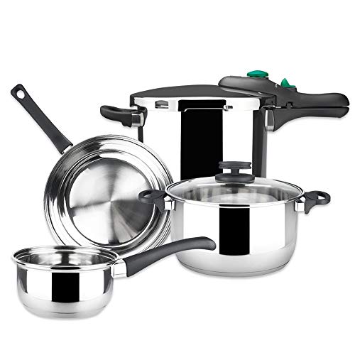 MAGEFESA ® Dynamic + Style bateria de cocina, 6 piezas, incluye olla presión Dynamic 6 litros, sarten sin antiadherente, cacerola con tapa, cazo, fabricada en acero inoxidable, saludable, ecologica