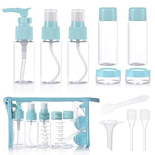 Botella de Viaje, XiYee 10 Piezas Set de Botellas Cosméticas, Botes Dispensadores Plastico, Recipientes de Viaje para Maquillaje Cosmético, Kit Aseo de Viaje para Avion (Blue)