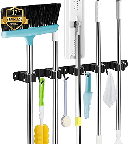 Colgador Escobas y Fregonas, 5 Soportes y 4 Ganchos Negros Soporte Escobas Pared de Acero Inoxidable, Colgador Escoba de Soporte con Clavos, Cuelga Escobas Pared Pesado