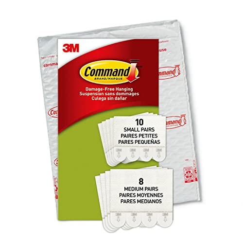 Command Tiras Adhesivas para Colgar Cuadros, Pack Ahorro de 10 x 2 Tiras Pequeñas y 8 x 2 Tiras Medianas en Blanco - Para Marcos, Espejos y otros Adornos - Colgar Sin Agujeros y Sin Taladrar