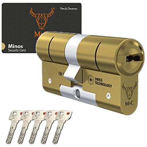 M&C Minos Bombín Cerradura Alta Seguridad Certificación Seguridad Máxima SKG 3 Estrellas 32x32mm Anti Bumping Resistente Taladro Tecnología Suiza Color Dorado 5 Llaves Incluidas, Pequeña