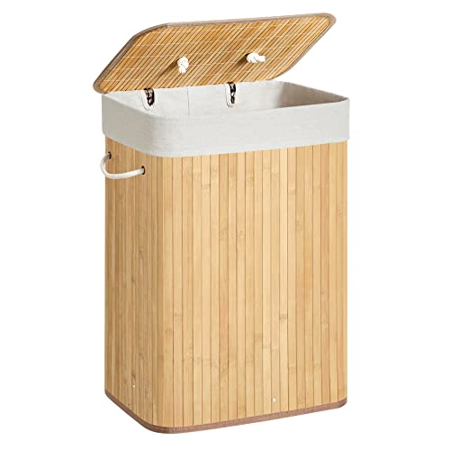 SONGMICS Cesto de la Ropa Sucia con Tapa, 72 L, Cesto de Lavandería de Bambú, Plegable, con Bolsa Lavable Extraíble, Asas, para Lavandería, Dormitorio, Natural LCB10Y