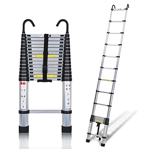 Cecaylie Escalera telescópica de aluminio multiusos de 4,4 m con 2 ganchos extraíbles, diseño telescópico, capacidad de carga de 150 kg/330 libras, escalera de pie, antideslizante, color plateado