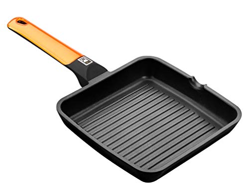 BRA Efficient Orange - Grill Asador con Rayas, 28 cm, Aluminio Fundido con Antiadherente Platinum Plus, Apto para Inducción