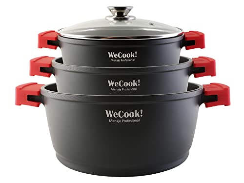 WECOOK! Ecostone Batería Cocina Inducción 6 Piezas, Aluminio Fundido 5mm, 3 Ollas, Antiadherente XTRA DUPON sin PFOA, Set Cazuelas Tapas Cristal, Asas Silicona, Vitrocerámica, Gas, Stone3, Negro