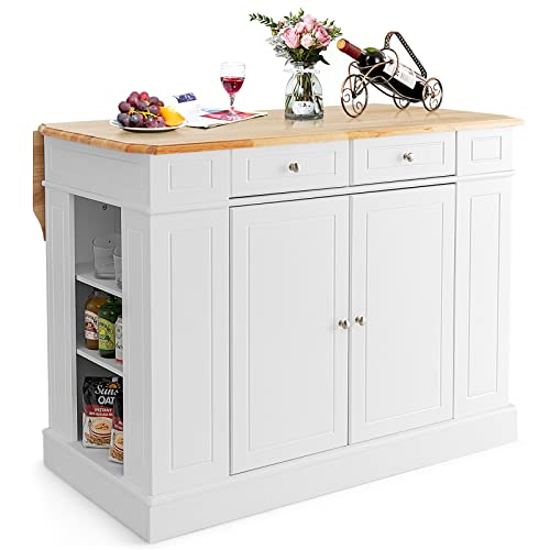 COSTWAY Isla de Cocina con Almacenamiento, Carrito de Cocina, Carro de Servicio con Encimera de Madera, Cajones, Estantes Laterales y 2 Puertas, Carrito de Cocina con Estantes Ajustables de 3 Niveles