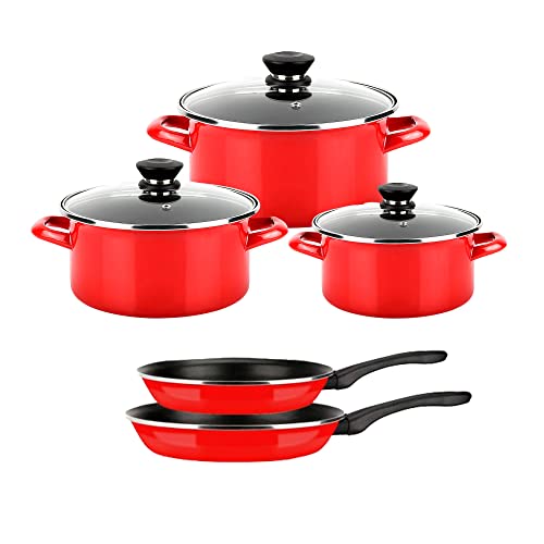 Fagor Optimax Batería Cocina Inducción 8 Piezas Set 3 Cazuelas 18-20-24 cm, 3 Tapas Cristal, 2 Sartenes 20-24 cm Acero Esmaltado, Antiadherente sin PFOA, Vitrocerámica, Gas, Horno, Rojo