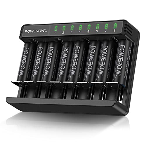 POWEROWL 8Pcs AA Pilas Recargables con Cargador, Cargador de Pilas Universal para Pilas Recargables AA AAA C D y 3.7v Pilas, Tipo C y Carga Rápida Micro USB Puertos