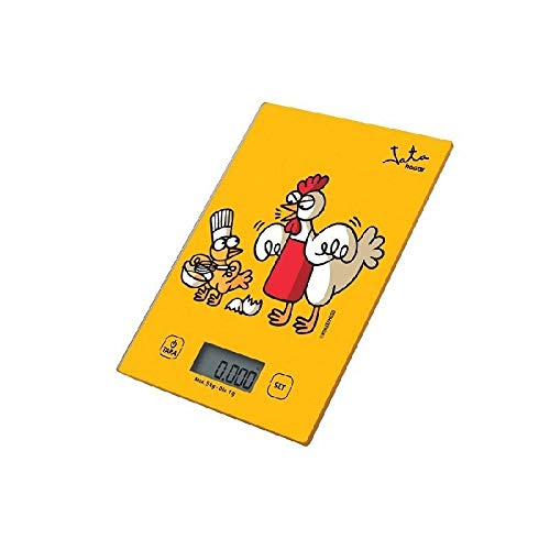 Jata 731K - Báscula de Cocina Digital, Alta precisión, Hasta 5 kg, Pantalla LCD, Función tara, Base vidrio, Diseño Kukuxumusu, Medidas: 14 xx20 x 1,5 cm