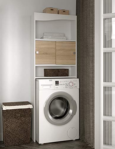 Mueble para lavadora, rojas, Melamina, blanco y roble, 96 x 43,1 x 12 cm