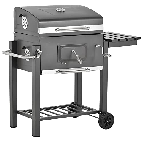 Outsunny Barbacoa de Carbón Vegetal con Ruedas Estantes Parilla Barril Carro de BBQ Picnic Acampada Smoker Ahumador de Carbón 115x56x108cm