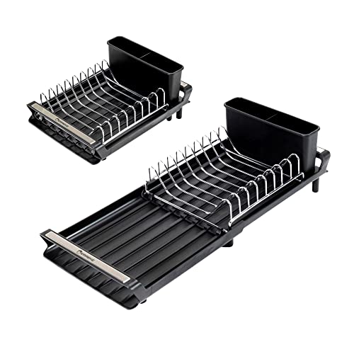 Erreke Escurridor de Platos Extensible y Compacto, Drena al Fregadero, Escurreplatos Plegable con Soporte para Cubiertos Extraible, Escurre Platos Encimera Cocina. Tamaño 28-47 x 20 cm, Negro.