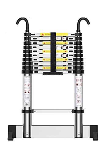 Teenza - Escalera telescópica de 3,2 m, escalera extensible con ganchos y estabilizador, escaleras portátiles de aluminio con carga máxima de 150 kg