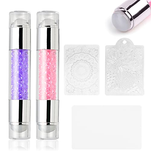 2 Piezas pedrería Stamping Nail Art Plaques Stamping Nail Art,Estampacion Uñas,Sello de Uñas Silicona,Estampadora de Uñas con 3 Raspador para Herramientas de Manicura,Al azar Raspador