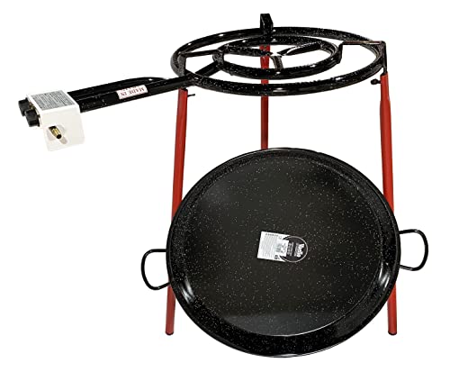 Kit Paellero 50 cm Gas butano, paellera esmaltada de 65 cm, regulador de Gas + 1,5 metros de Manguera, soporte de 3 Patas reforzadas (65)