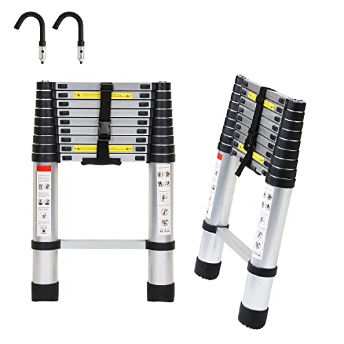 Izrielar Escalera telescópica de 2,6 m, Escalera Multiusos con Gancho extraíble, Escalera Extensible de Aluminio, Escalera de pie Extensible Antideslizante, Escalera Estable hasta 150 kg