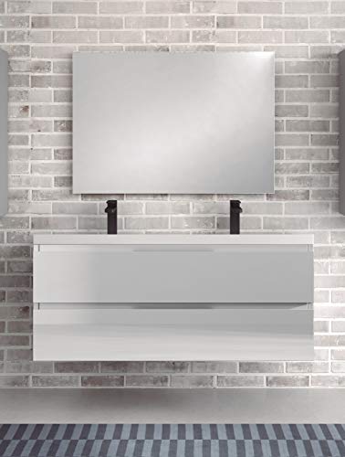 Juego de Mueble de Baño Modelo Toscana Resina, Conjunto formado por Mueble de Baño Lacado en Blanco Ancho 120cm, Lavabo de Resina de Doble Seno y Espejo a Juego