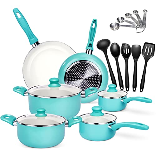 Masthome - Juego de sartenes antiadherentes de aluminio, juego de utensilios de cocina de 16 piezas, utensilios de cocina de inducción con tapa, incluye sartén, sartén, sartén para leche, Azul