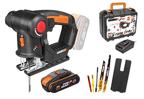 WORX Sierra de Calar y Sierra de Sable, 18V (20V MAX) Sierra Multiuso sin Cable a 2Ah Batería PowerShare, 2 en 1 Sierras con 5 Hojas, 1 Base de Sierra Caladora y 1 Cargador Rápido, WX550.4