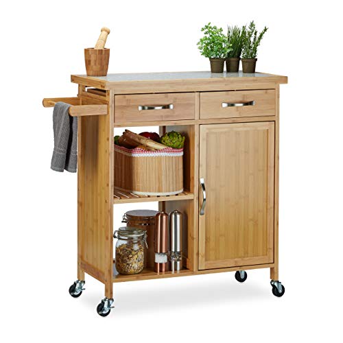 Relaxdays, 85,5 x 89,5 x 36 cm Carrito Cocina con Encimera, Cajones y 4 Ruedas, Madera de Bambú y Mármol, Marrón, Brown