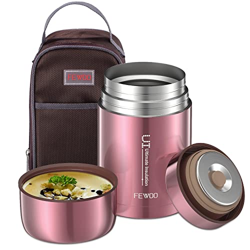 FEWOO Acero Inoxidable Comida Recipiente, 800ml Termo para Comida, Comida Térmico Recipiente para Comida Caliente, Doble Pared Fiambrera Térmica con Bolsa Aislada para Niños y Adultos (Rosa Oro)