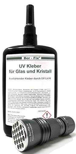 Ber-Fix Pegamento UV con lámpara, juego de pegamento para vidrio y cristal, metal, 250 g, gel, 2500 mPas, compensa incluso pequeñas irregularidades con linterna UV, 21 LED