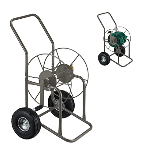 Relaxdays Carro Portamangueras, hasta 80 m, 2 Neumáticos, Acoplamiento por Clic, Soporte Mangueras Metal, Jardín, Marrón, 80% Acero 20% Goma, 93 x 62 x 50 cm