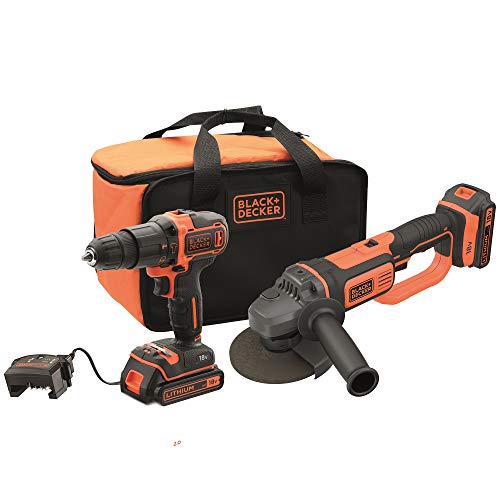 BLACK+DECKER BCK24D2S Taladro Percutor 18V (21.000 ipm) y amoladora 125 mm 18V con 2 baterías litio 2Ah y bolsa de transporte, Color Negro, Naranja