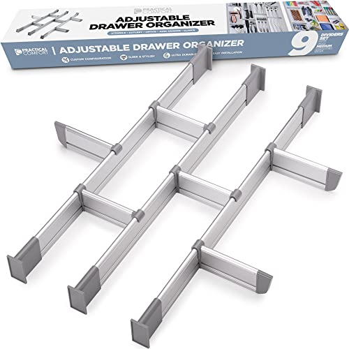 Practical Comfort | Divisores Ajustables para Cajones de Cocina, Elegante Organizador Modular de Aluminio, Juego de 9 Separadores (para Cajones 44,5 cm - 50 cm de profundidad)