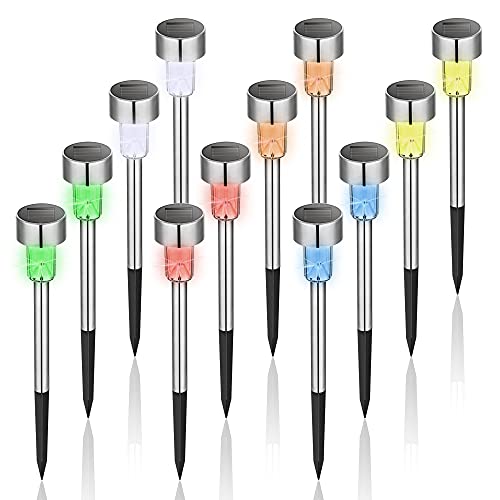 GIGALUMI Estacas solares que cambian de color, paquete de 12 luces solares de jardín con panel solar mejorado, luces solares impermeables para pasarela, patio, césped, entrada