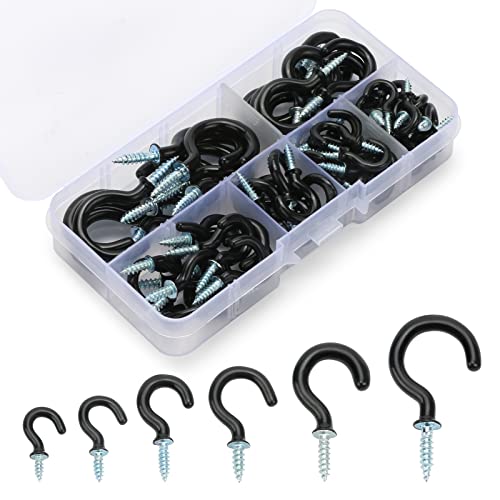 FFINEASY 75 piezas Ganchos de Tornillo, Hembrillas Abiertas 6 Tamaños Gancho Pequeño, Pernos de Ojos Atornillables, Ganchos para Colgar Cuadros, Gancho de la Taza de Metal, Negro