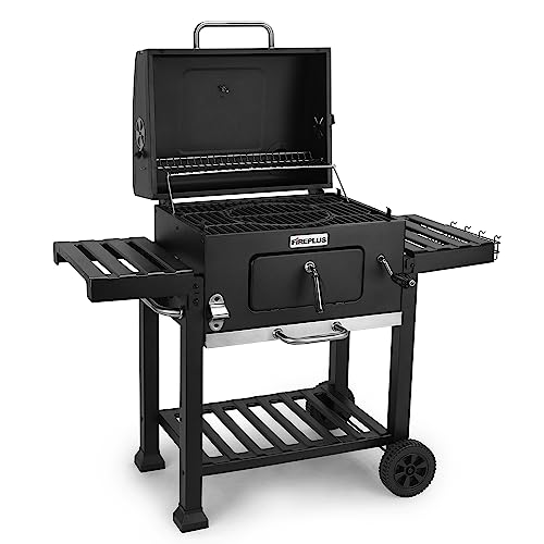 Amig - Barbacoa Fireplus Portátil de Carbón o Leña | Barbacoa con Ruedas y Bandejas Laterales | Sistema de Ventilación y Depósito de Ceniza | Parrilla de Acero de 57x42cm | Medidas: 116,5x13,1x56cm