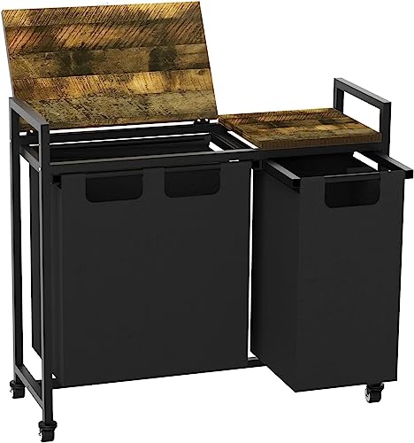Treesunshine Cesto para la colada con ruedas, con 2 compartimentos extraíbles, cesta con tapa, sistema de clasificación de ropa, armario para ropa sucia, estructura de madera y metal, 66L + 36L