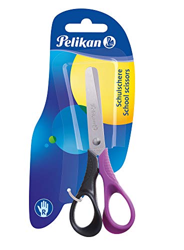 Pelikan Easy Handle Tijeras ergonómicas, 13 cm, para diestros, hojas de acero inoxidable con punta redondeada para niños, buenas para la escuela primaria, colores surtidos, 804813