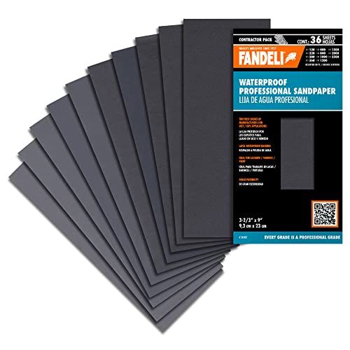 Fandeli | Papel de Lija de Agua | Surtido de Grano de 120 a 2500 | 36 Hojas de 23 x 9,3 cm | Para Pulir Coche, Lijado de Muebles de Madera y Lijado de Metales | Resistentes al Agua