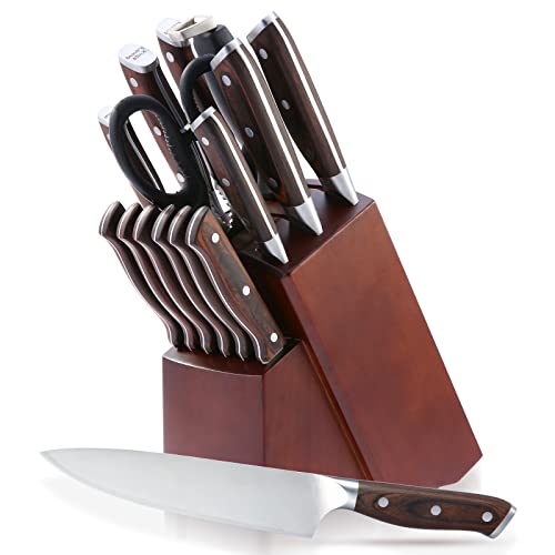 Juego de Cuchillos de Cocina 15 Piezas, Hoja de Acero Inoxidable 1.4116 de Alto Carbono con Mango de Caoba, Juego de Cuchillos de Chef con Tijeras y Afilador de Cuchillos