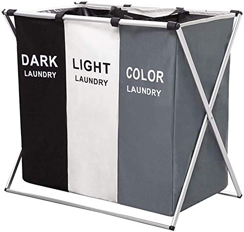 Rain Queen - Cesto para la colada triple plegable con 3 bolsas extraíbles (155L) con asa para el cuarto de baño, 68 x 38 x 60 cm