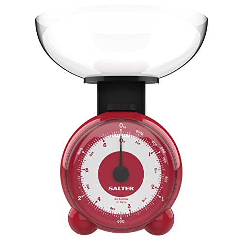 Salter 139 RDDRA Orb báscula de cocina, Balanza mecánica precisa de pesaje de alimentos, fácil de usar, recipiente desmontable, capacidad de 3 kg, medidas en kg y libras, sin baterías necesarias, roja