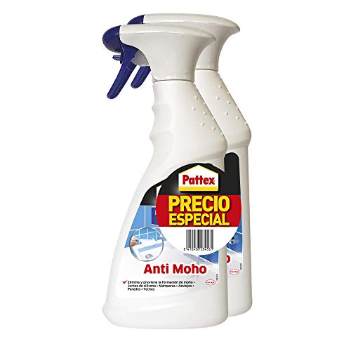Pattex Baño Sano Anti Moho, limpiador antimoho para juntas de silicona, mamparas y azulejos, spray limpiador para eliminar y prevenir la aparición de moho, 2 x 500 ml