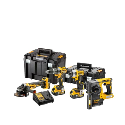 DEWALT DCK422P3T-QW - KIT XR 18V = DCD796 Taladro Percutor + DCF887 Atornillador Impacto + DCG405 Amoladora + DCH273 Martillo + 3 Baterías Li-Ion 5,0Ah + TSTAK II + TSTAK VI