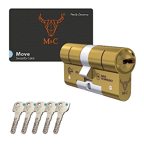 M&C Move Bombín Cerradura Alta Seguridad Anti Topolino Leva Larga Doble Embrague Seguridad Máxima SKG 3 Estrellas 32x32mm Anti Bumping Anti Taladro Color Dorado 5 Llaves Incluidas